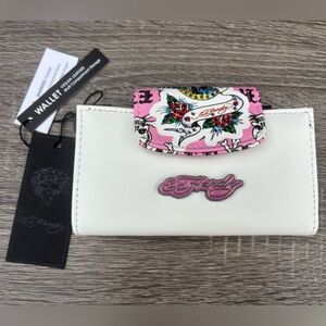 Ed Hardy White Wallet with Pink Tattoo-Print Flap
